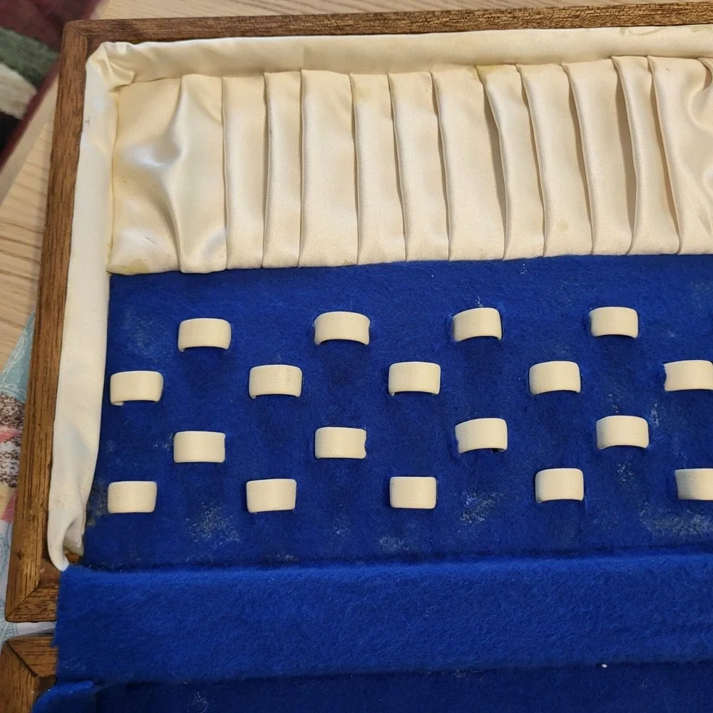 Vintage EMPTY Silverware Chest Wooden Case Blue Velvet Cream Satin Interior